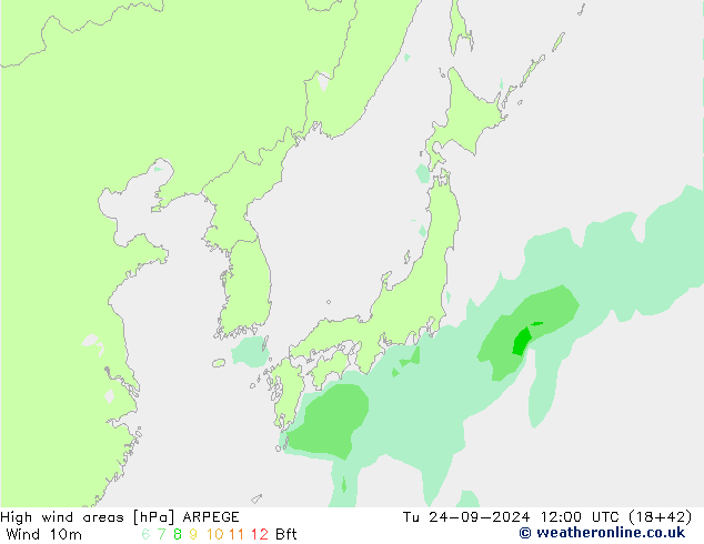 High wind areas ARPEGE вт 24.09.2024 12 UTC