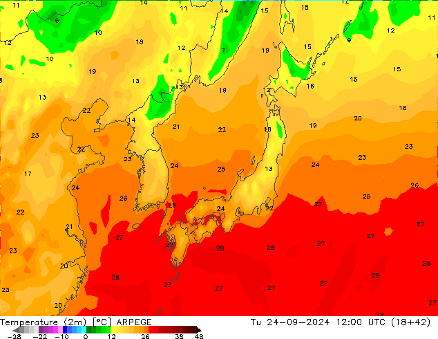 Temperature (2m) ARPEGE Tu 24.09.2024 12 UTC