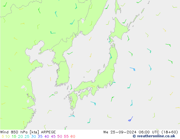 ветер 850 гПа ARPEGE ср 25.09.2024 06 UTC