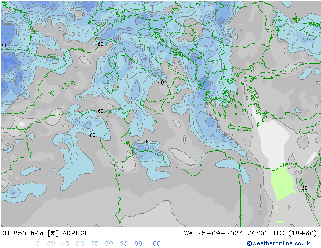 RH 850 hPa ARPEGE Mi 25.09.2024 06 UTC