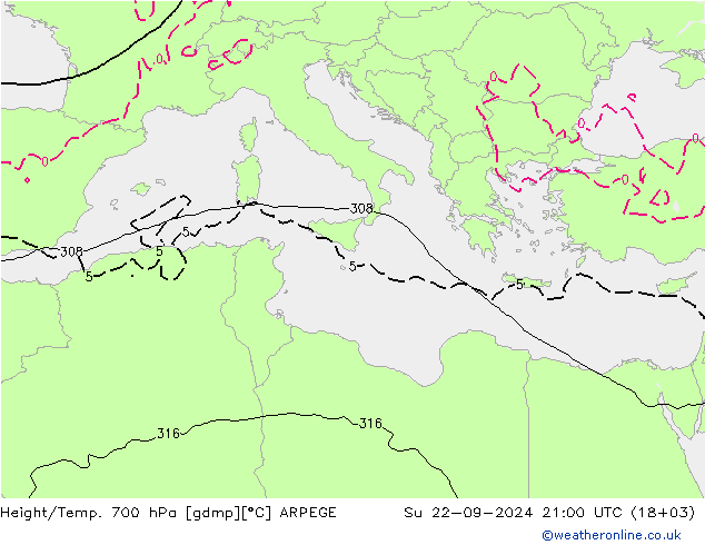 Geop./Temp. 700 hPa ARPEGE dom 22.09.2024 21 UTC