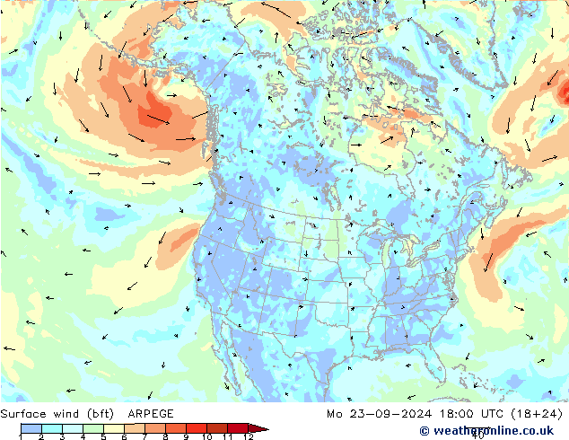 Bodenwind (bft) ARPEGE Mo 23.09.2024 18 UTC