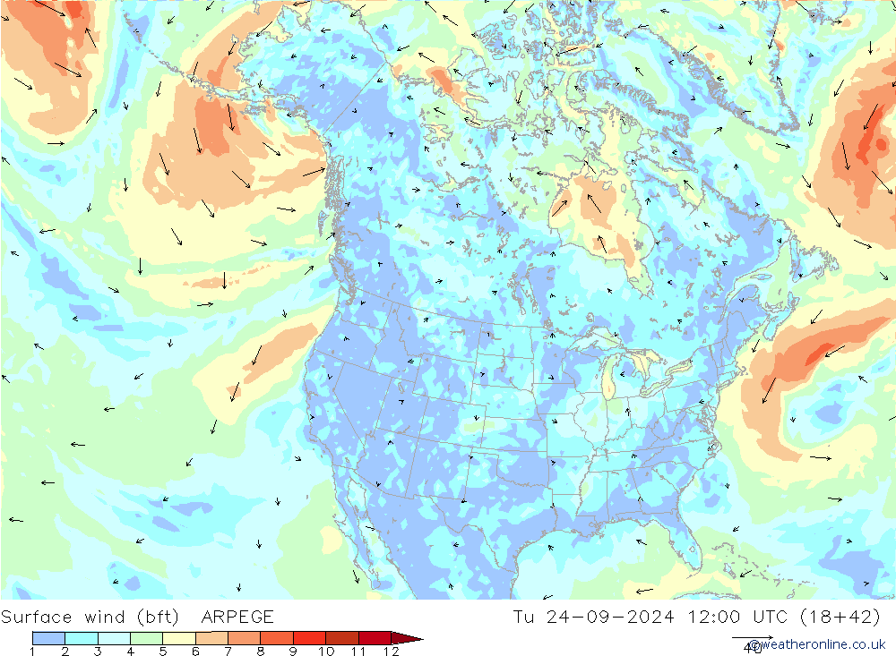 wiatr 10 m (bft) ARPEGE wto. 24.09.2024 12 UTC