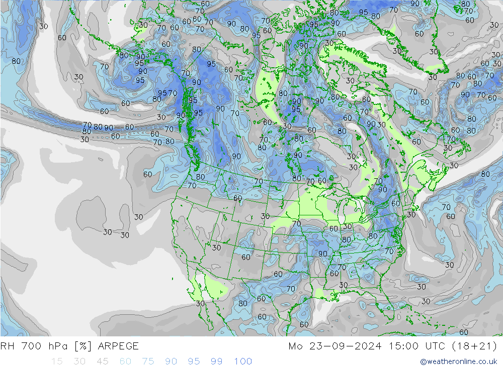 RH 700 hPa ARPEGE Po 23.09.2024 15 UTC