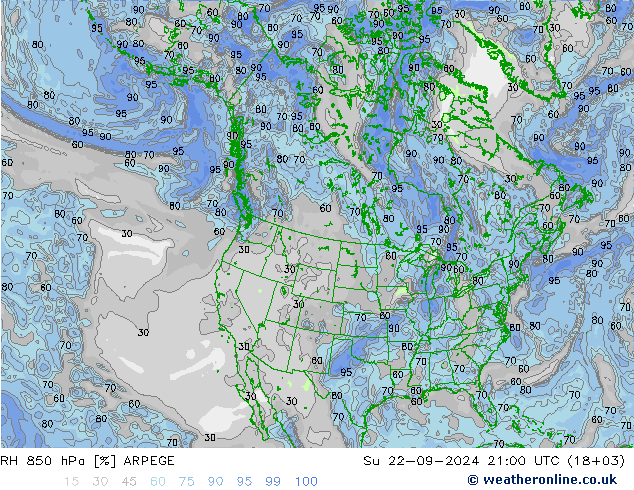 RH 850 hPa ARPEGE 星期日 22.09.2024 21 UTC