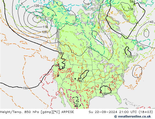 Geop./Temp. 850 hPa ARPEGE dom 22.09.2024 21 UTC