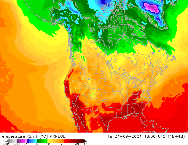 Temperatuurkaart (2m) ARPEGE di 24.09.2024 18 UTC