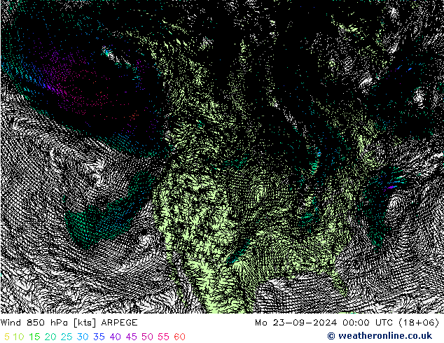 wiatr 850 hPa ARPEGE pon. 23.09.2024 00 UTC