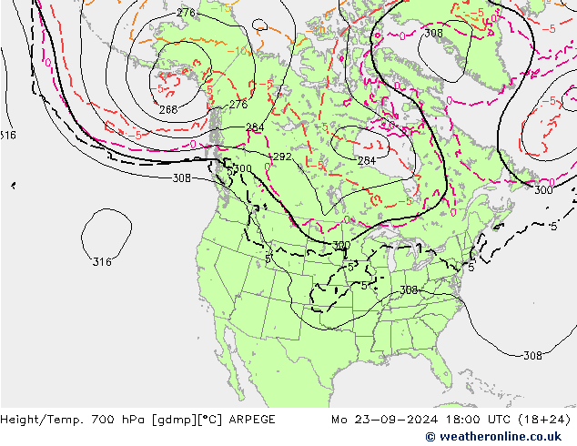 Height/Temp. 700 hPa ARPEGE Mo 23.09.2024 18 UTC