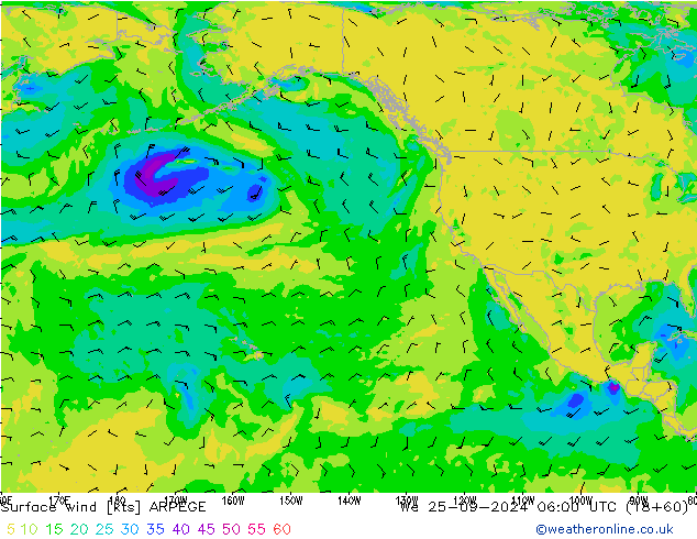 Surface wind ARPEGE We 25.09.2024 06 UTC