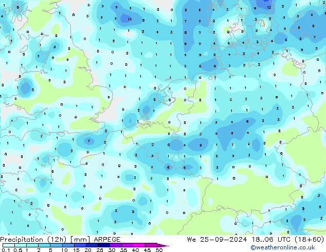 Yağış (12h) ARPEGE Çar 25.09.2024 06 UTC