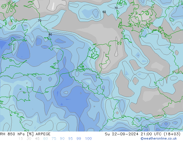 RH 850 hPa ARPEGE So 22.09.2024 21 UTC