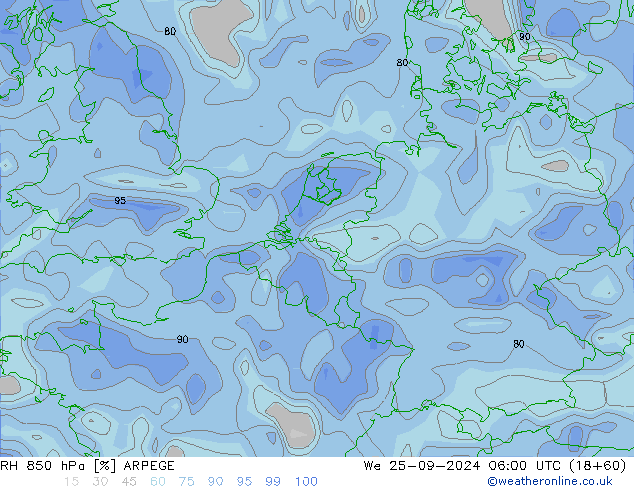 RH 850 hPa ARPEGE Mi 25.09.2024 06 UTC