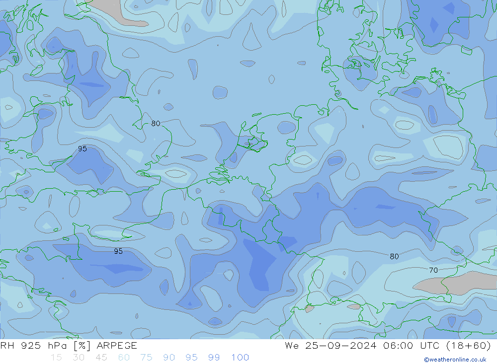 Humidité rel. 925 hPa ARPEGE mer 25.09.2024 06 UTC