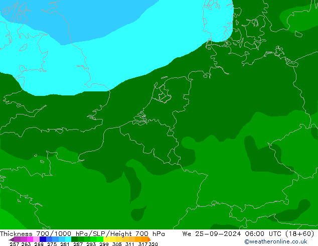 Schichtdicke 700-1000 hPa ARPEGE Mi 25.09.2024 06 UTC