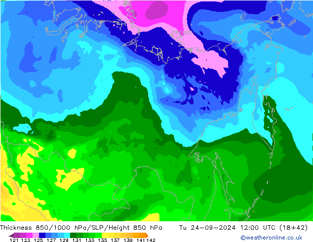 Dikte 850-1000 hPa ARPEGE di 24.09.2024 12 UTC