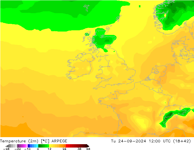 Temperatuurkaart (2m) ARPEGE di 24.09.2024 12 UTC