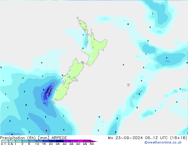 Totale neerslag (6h) ARPEGE ma 23.09.2024 12 UTC