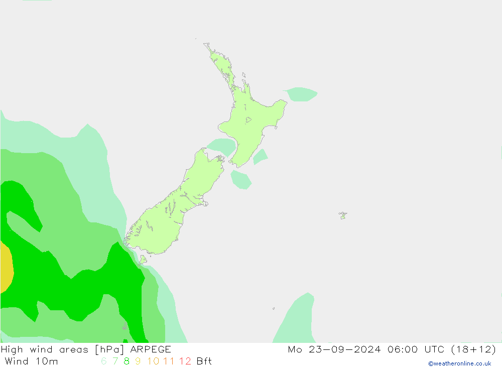 High wind areas ARPEGE пн 23.09.2024 06 UTC