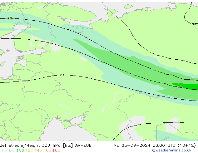 Jet stream/Height 300 hPa ARPEGE Mo 23.09.2024 06 UTC