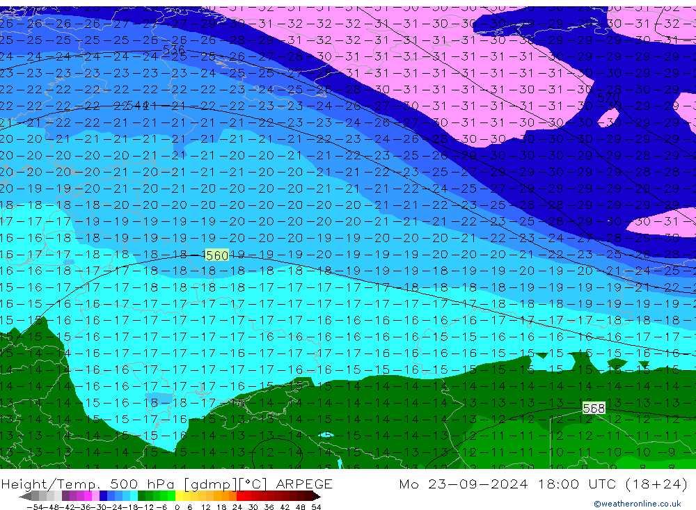 Hoogte/Temp. 500 hPa ARPEGE ma 23.09.2024 18 UTC