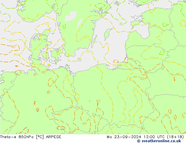 Theta-e 850hPa ARPEGE Mo 23.09.2024 12 UTC