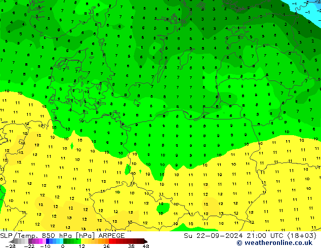 SLP/Temp. 850 hPa ARPEGE Dom 22.09.2024 21 UTC