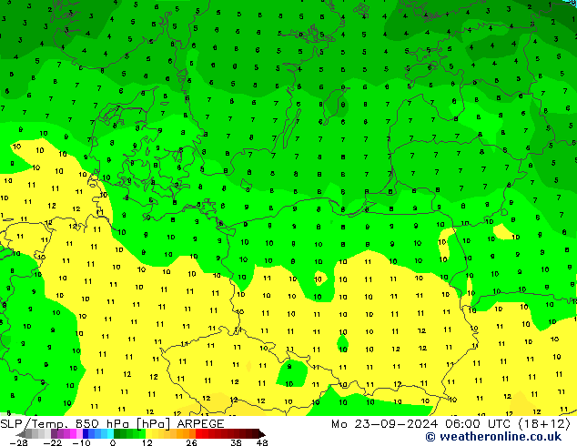 SLP/Temp. 850 hPa ARPEGE Mo 23.09.2024 06 UTC