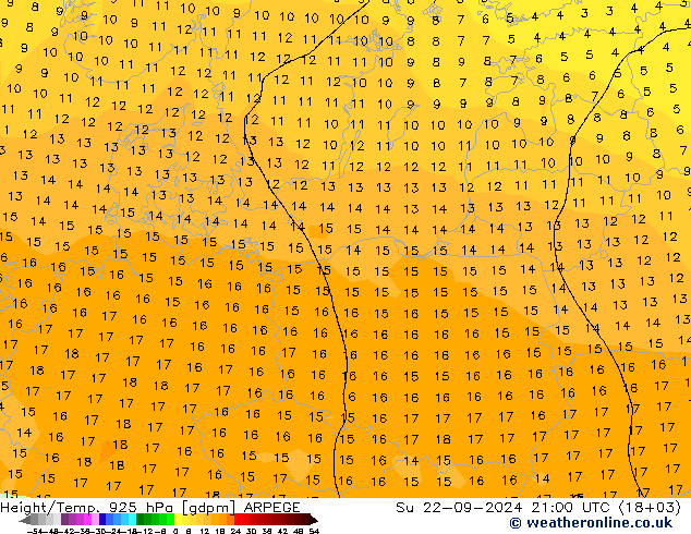 Géop./Temp. 925 hPa ARPEGE dim 22.09.2024 21 UTC