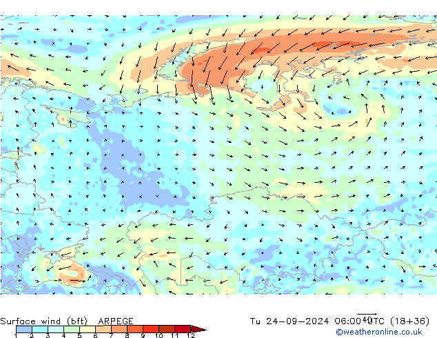 ве�Bе�@ 10 m (bft) ARPEGE вт 24.09.2024 06 UTC