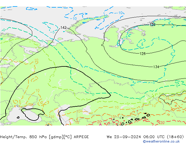 Height/Temp. 850 hPa ARPEGE We 25.09.2024 06 UTC