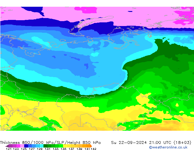 Espesor 850-1000 hPa ARPEGE dom 22.09.2024 21 UTC