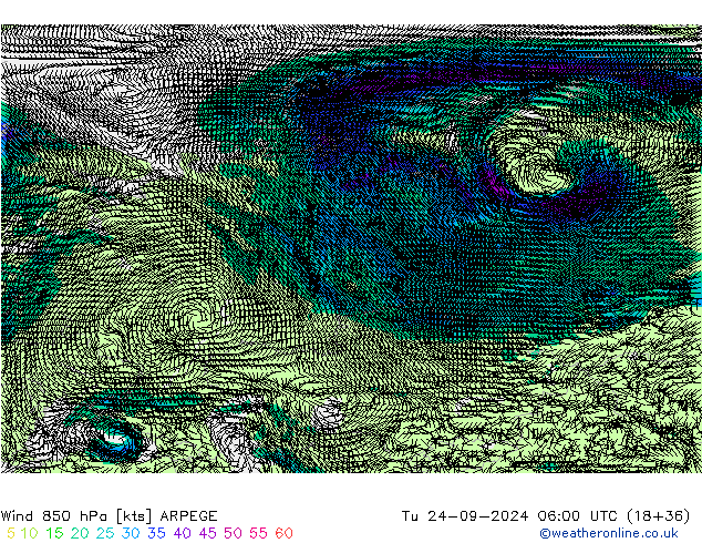 ветер 850 гПа ARPEGE вт 24.09.2024 06 UTC