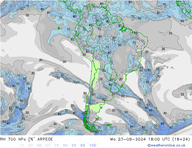 RH 700 hPa ARPEGE lun 23.09.2024 18 UTC