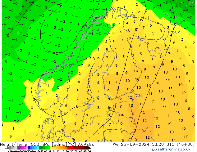 Height/Temp. 850 hPa ARPEGE We 25.09.2024 06 UTC