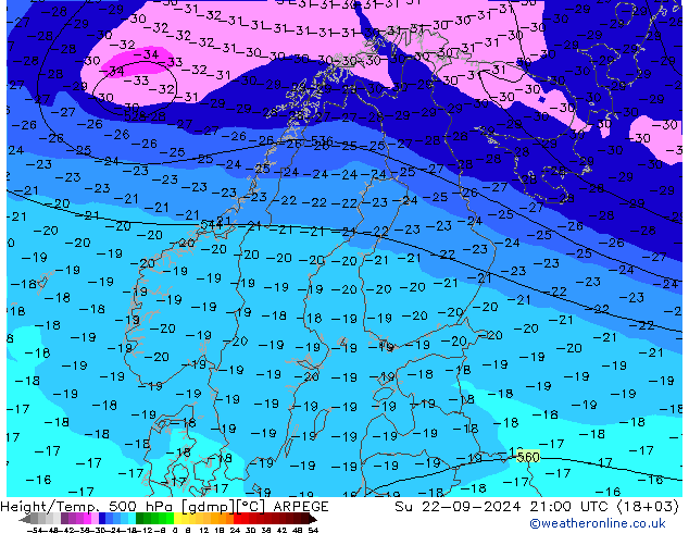 Geop./Temp. 500 hPa ARPEGE dom 22.09.2024 21 UTC