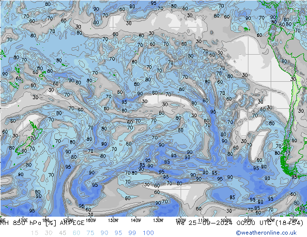 Humedad rel. 850hPa ARPEGE mié 25.09.2024 00 UTC