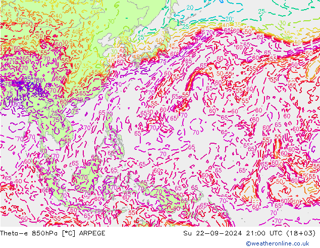 Theta-e 850hPa ARPEGE Su 22.09.2024 21 UTC