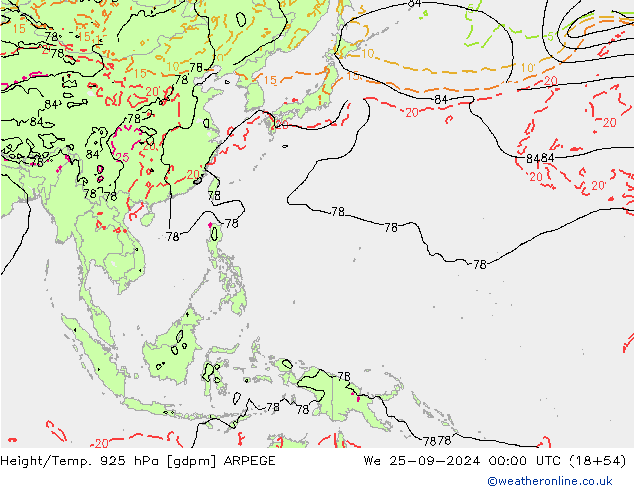 Yükseklik/Sıc. 925 hPa ARPEGE Çar 25.09.2024 00 UTC