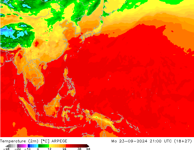 Temperatuurkaart (2m) ARPEGE ma 23.09.2024 21 UTC