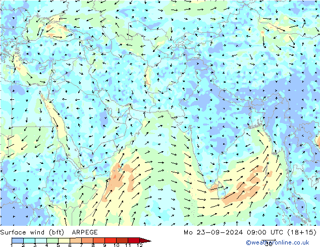 Wind 10 m (bft) ARPEGE ma 23.09.2024 09 UTC