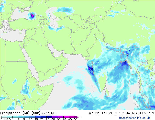 Totale neerslag (6h) ARPEGE wo 25.09.2024 06 UTC