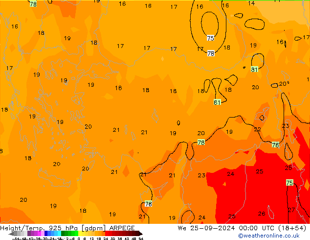 Height/Temp. 925 hPa ARPEGE mer 25.09.2024 00 UTC