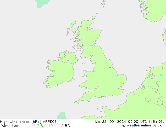 High wind areas ARPEGE Mo 23.09.2024 00 UTC