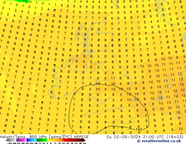 Height/Temp. 850 hPa ARPEGE So 22.09.2024 21 UTC