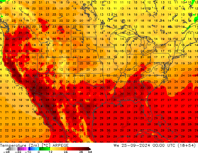 Temperatuurkaart (2m) ARPEGE wo 25.09.2024 00 UTC