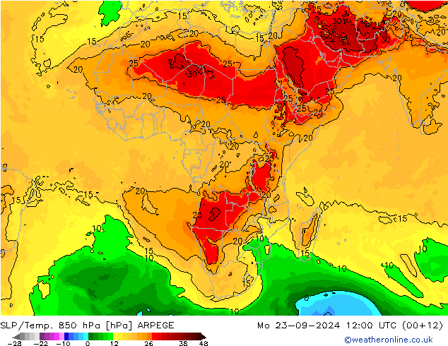 850 hPa Yer Bas./Sıc ARPEGE Pzt 23.09.2024 12 UTC