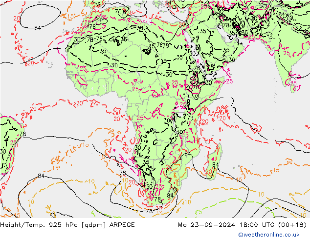 Height/Temp. 925 hPa ARPEGE Mo 23.09.2024 18 UTC