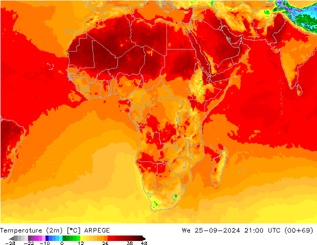 Temperature (2m) ARPEGE St 25.09.2024 21 UTC