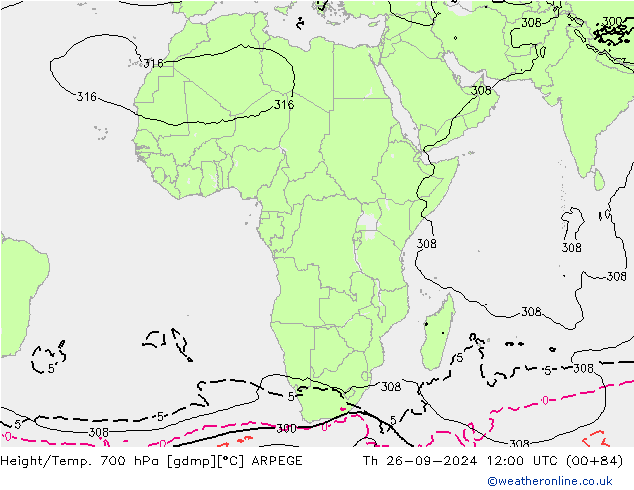 Height/Temp. 700 hPa ARPEGE gio 26.09.2024 12 UTC